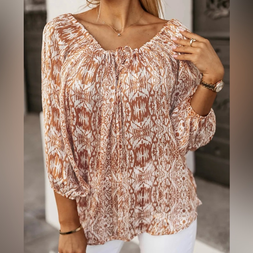 Women's Bohemian Print Blouse - Brown and White